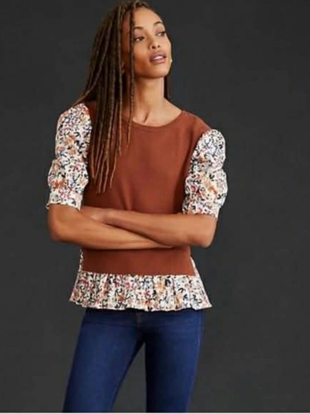Anthropologie Floral Short Sleeve Sweater Top - Brown - Large